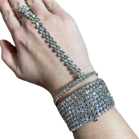Rhinestone Coil Wrap Bracelet with Attached Adjustable Ring in Silver Tone - Picture 1 of 9